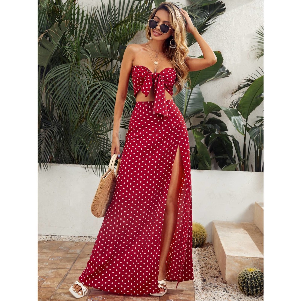 2 piece set: Polka Dot Tied Crop Tube Top & Split Thigh maxi Skirt Set yellow - Picture 4 of 8